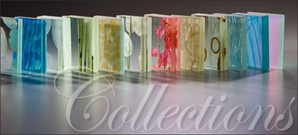 Livinglass highlighted in five collections: Sutra, Folia, Tresor, Sequoia, and Technica.